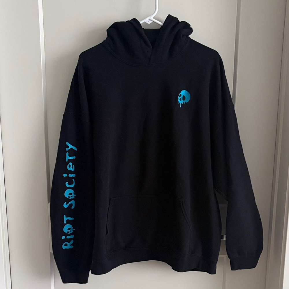 riot society Black Hoodie with Bright Blue Skull & Sleeve Logo